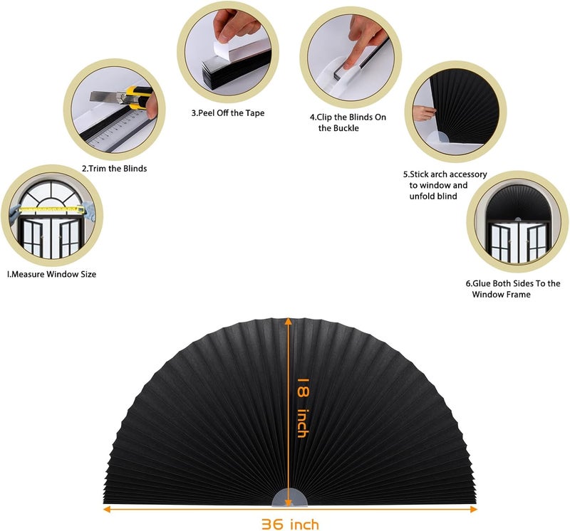 Jlong Arch Window Shade Curtains Half Circle Moon Pleated Fabric Blinds Semi Circle Temporary Light Filtering Pleated Paper Shades Half Round Window Covering Easy to Cut and Install(1, Black, 36x18Inches) - Image 3